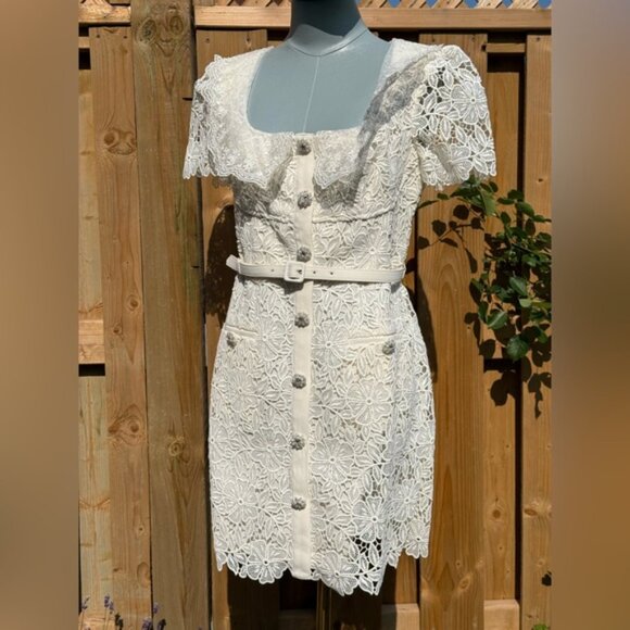 🆕 SELF-PORTRAIT 🧿 NWT Cream Guipure Lace Belted Mini Dress, Sz UK 10 US 6 - Picture 3 of 16